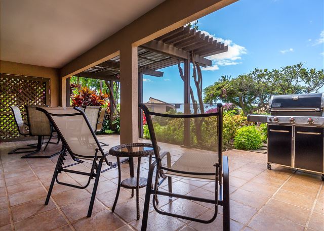 Chairs on the Lanai overlooking the gardens and blue sky