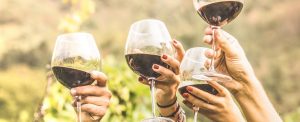 Maui Wineries hands cheering with red wine
