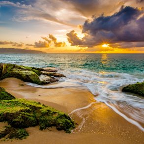 Hawaiian island shore at sunset: Oahu or Maui?