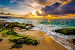 Hawaiian island shore at sunset: Oahu or Maui?