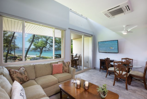 View of the living room in Kamaole Beach Club, one of the best plays to stay for Maui getaways