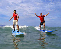 Two guys surfing