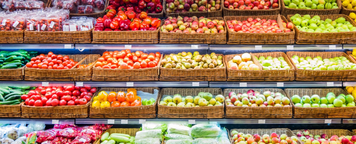 produce on shelves at grocery store