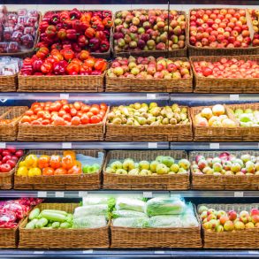 produce on shelves at grocery store