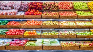 produce on shelves at grocery store