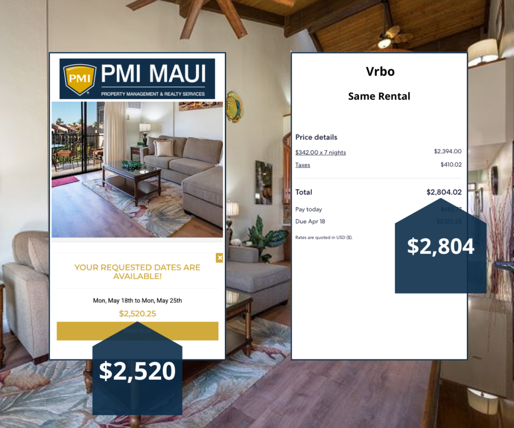 price comparison side by side image of PMI Maui's price and Vrbo showing booking direct saves money.