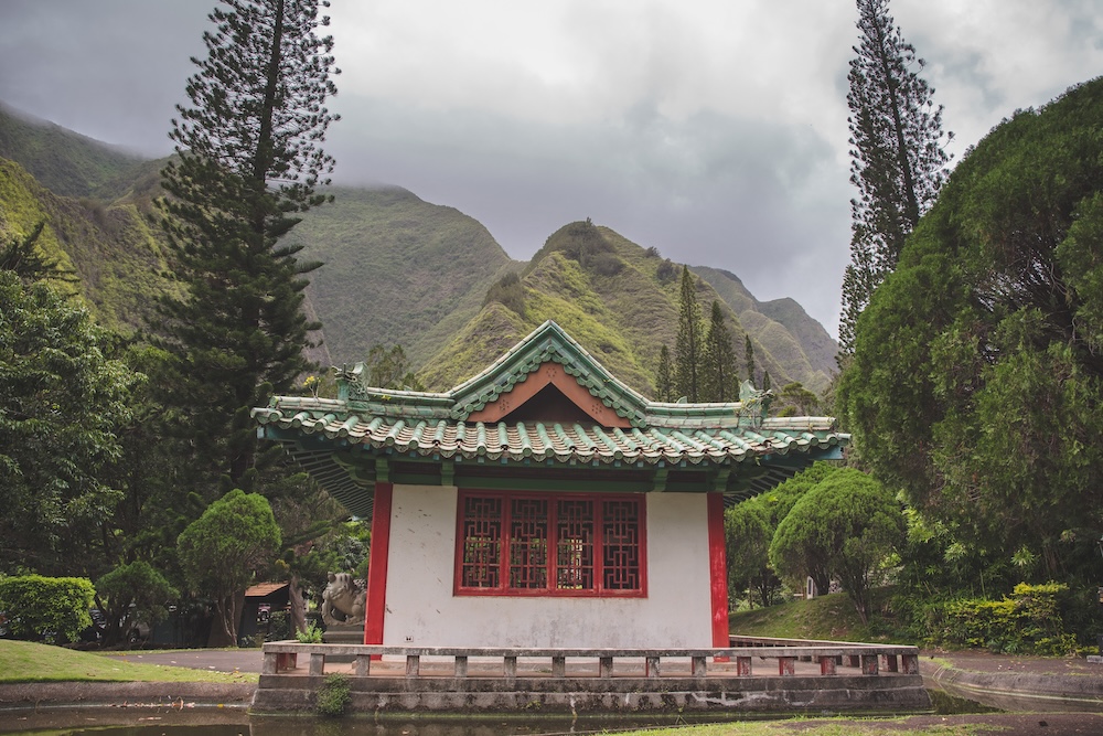 Japanese temple in Kepaniwai Park foggy day